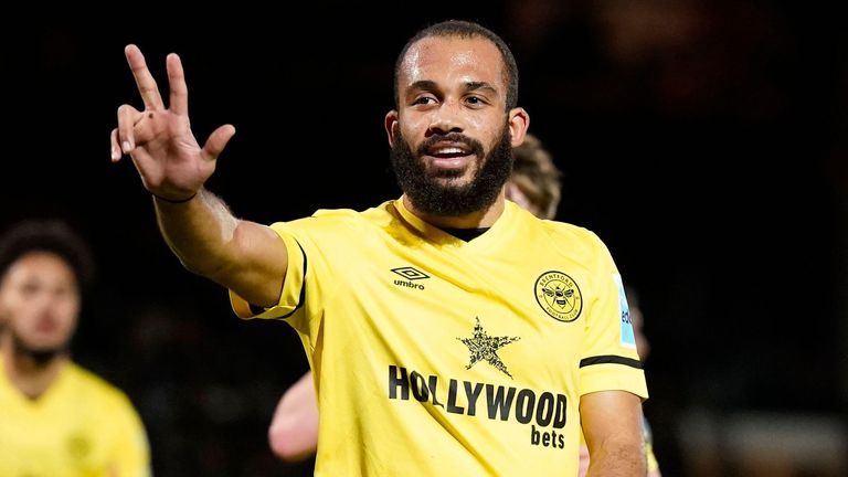 Bryan Mbeumo celebrates his hat-trick (pic: Sportimage/Alamy Stock Photo)