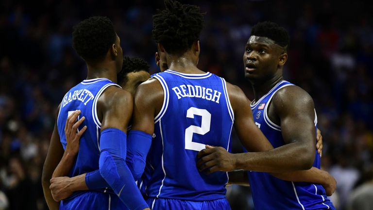 Cam Reddish, RJ Barrett and Zion Williamson huddle during the ACC basketball tournament between the Duke Blue Devils and the North Carolina Tar Heels