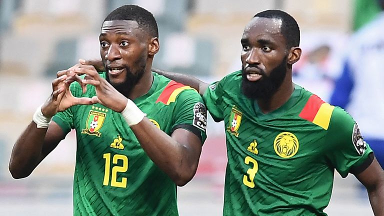 Karl Toko Ekambi celebrates with team-mate Moumi Ngamaleu 