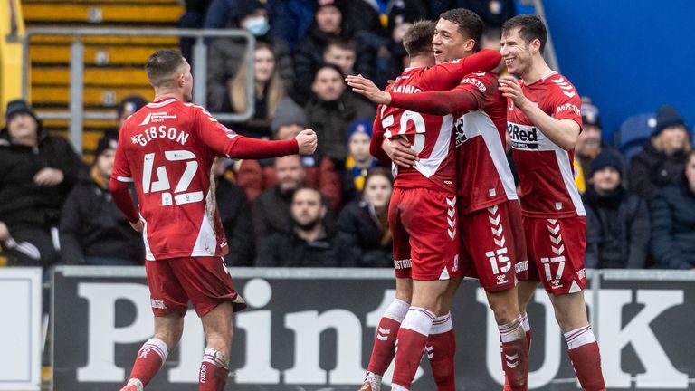 Caolan Boyd-Munce celebra marcar el segundo gol del Middlesbrough en Mansfield