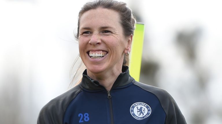 COBHAM, ENGLAND - MARCH 15: Carly Telford of Chelsea reacts during a Chelsea FC Women's Training Session at Chelsea Training Ground on March 15, 2021 in Cobham, England. (Photo by Harriet Lander - Chelsea FC/Chelsea FC via Getty Images)