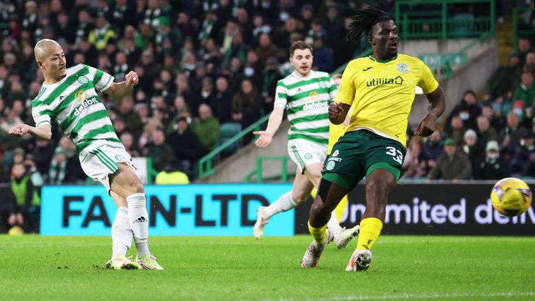 Celtic’s Daizen Maeda scores to make it 1-0 during a Cinch Premiership match between Celtic and Hibernian at Celtic Park