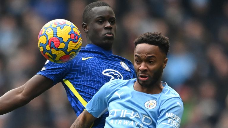 Raheem Sterling battles for possession with Malang Sarr