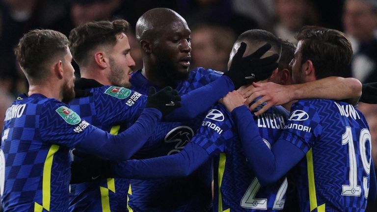 Chelsea celebrate during their Carabao Cup semi-final first leg win over Tottenham