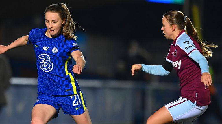 Chelsea&#39;s Niamh Charles battles for possession with West Ham&#39;s Emma Snerle
