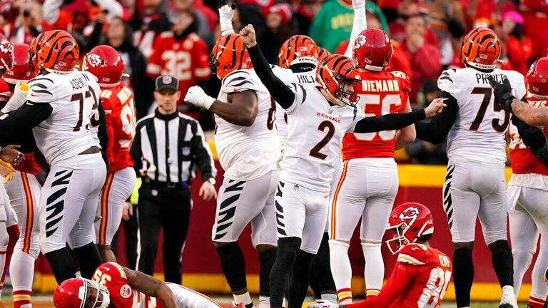 Cincinnati Bengals kicker Evan McPherson (2) celebrates after kicking a 31-yard field goal during overtime in the AFC championship NFL football game against the Kansas City Chiefs, Sunday, Jan. 30, 2022, in Kansas City, Mo. The Bengals won 27-24. (AP Photo/Charlie Riedel)