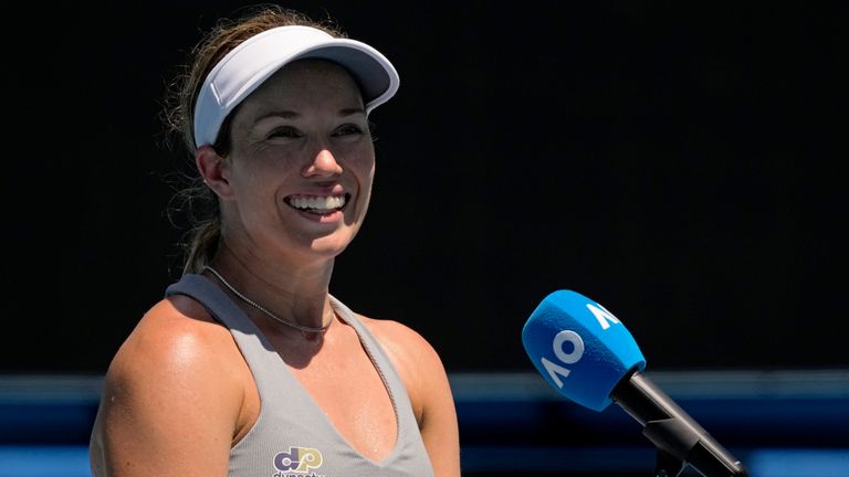 Danielle Collins of the U.S. reacts as he is interviewed following her win over Alize Cornet of France in their quarterfinal match at the Australian Open tennis championships in Melbourne, Australia, Wednesday, Jan. 26, 2022. (AP Photo/Simon Baker)