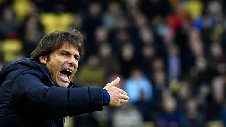 Tottenham head coach Antonio Conte gives instructions to his players during the English Premier League soccer match between Watford and Tottenham Hotspur at Vicarage Road, Watford, England on Saturday January 1, 2022. (AP Photo/Rui Vieira)