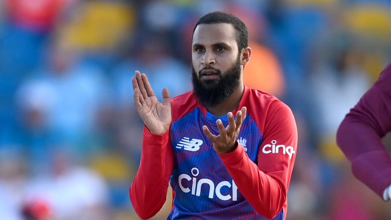 England's Adil Rashid celebrates dismissing Kyle Mayers during the fifth T20I against West Indies (Getty Images)