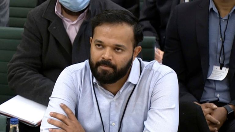 Former cricketer Azeem Rafiq gives evidence during a parliamentary hearing at the Digital, Culture, Media and Sport (DCMS) committee on sport governance at Portcullis House in London, Tuesday, Nov. 16, 2021. Former Yorkshire player Rafiq reported that former national captain Michael Vaughan used racially insensitive comments toward a group of players of Asian ethnicity at county club Yorkshire. (Video grab House of Commons via AP)


