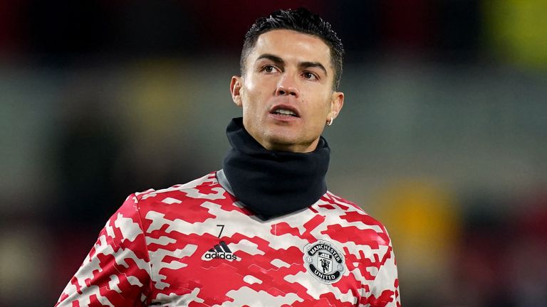 Cristiano Ronaldo warms up before kick-off at Brentford