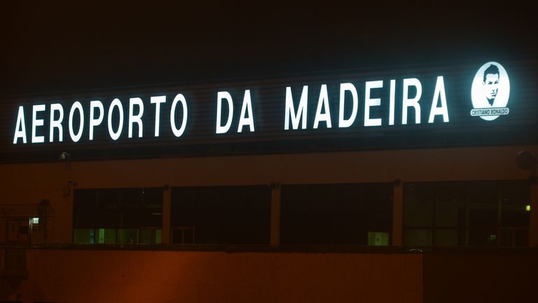 A night view of Cristiano Ronaldo Madeira Airport sign in Santa Cruz. In 2016, it was announced that the airport would be renamed Madeira Airport ... Cristiano Ronaldo (Aeroporto da Madeira ... Cristiano Ronaldo) in honour of Madeira native football player Cristiano Ronaldo..On Thursday, April 26, 2018, in Funchal, Madeira Island, Portugal.