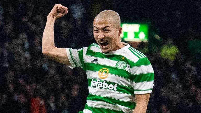 Celtic’s Daizen Maeda celebrates after scoring to make it 1-0 during a Cinch Premiership match between Celtic and Hibernian at Celtic Park,