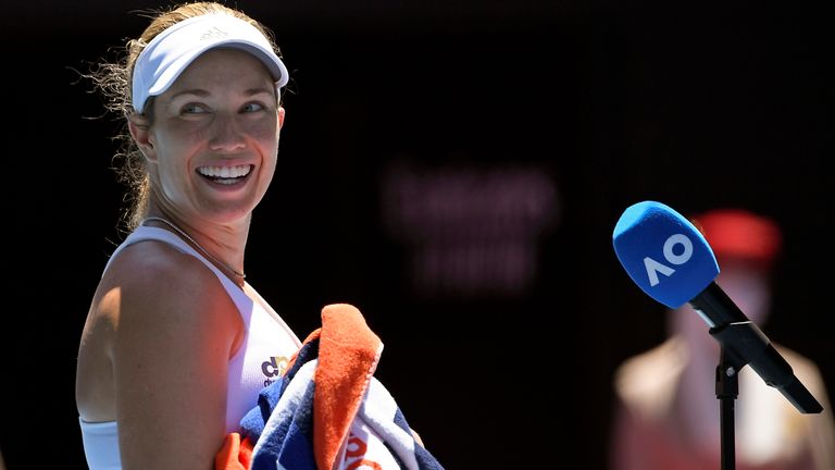 Danielle Collins of the U.S. reacts as she is interviewed after defeating Elise Mertens of Belgium in their fourth round match at the Australian Open tennis championships in Melbourne, Australia, Monday, Jan. 24, 2022. (AP Photo/Andy Brownbill)