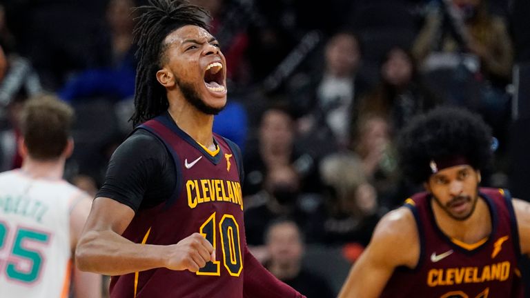 Cleveland Cavaliers guard Darius Garland reacts after scoring against the San Antonio Spurs during the second half of an NBA basketball game, Friday, Jan. 14, 2022, in San Antonio.