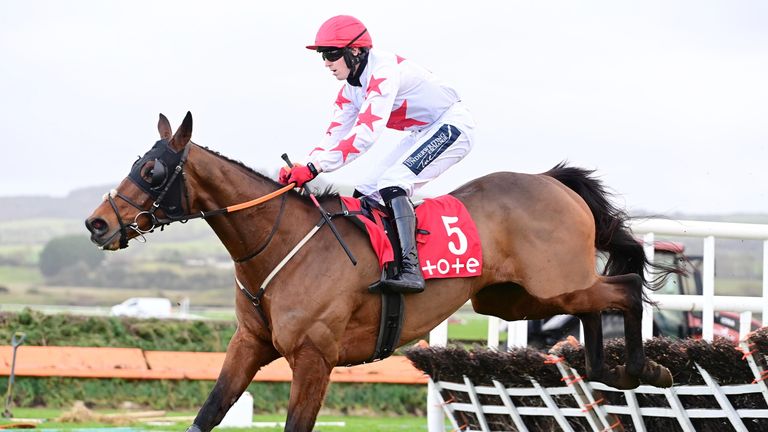 Darver Star and Keith Donoghue jump the last to win the Tote Hurdle at Punchestown