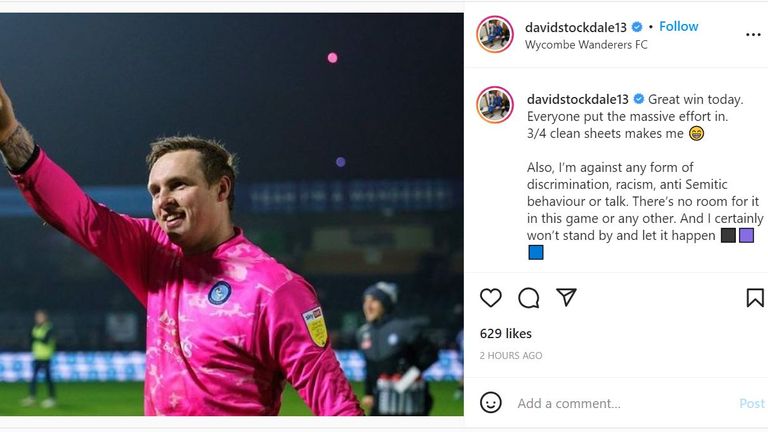 Wycombe goalkeeper David Stockdale condemned the abuse on Instagram after the match