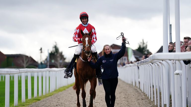 Davy Russell and Pied Piper are led back in past the stands at Cheltenham