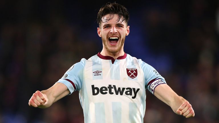 West Ham United midfielder Declan Rice celebrates after the New Year&#39;s Day win over Crystal Palace at Selhurst Park