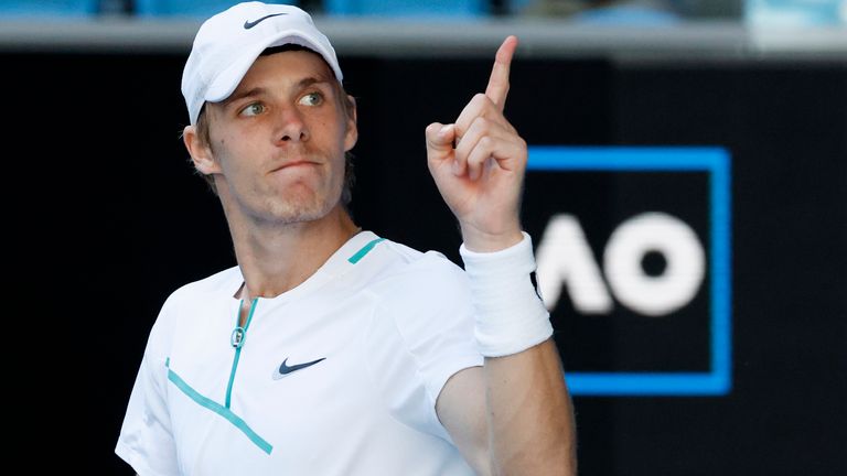 Denis Shapovalov of Canada celebrates after defeating Kwon Soon-woo of South Korea in their second round match at the Australian Open tennis championships in Melbourne, Australia, Wednesday, Jan. 19, 2022. (AP Photo/Hamish Blair)