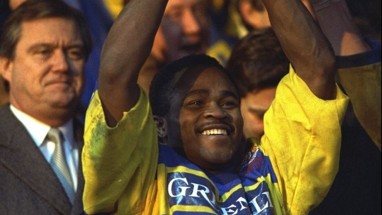 12 Jan 1991: Des Drummond of Warrington lifts the trophy aloft after their victory in the Regal Trophy final against Bradford Northern. \ Mandatory Credit: Shaun Botterill/Allsport