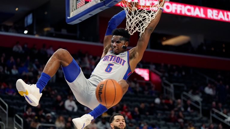 Detroit Pistons guard Hamidou Diallo dunks during the first half of an NBA basketball game against the Toronto Raptors, Friday, Jan. 14, 2022, in Detroit.
