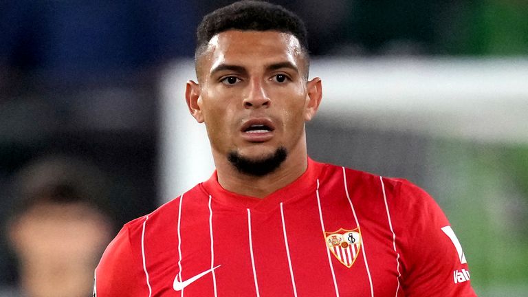 Sevilla&#39;s Diego Carlos during the Champions League group G soccer match between VfL Wolfsburg and Sevilla in Wolfsburg, Germany, Wednesday, Sept. 29, 2021. (AP Photo/Michael Sohn