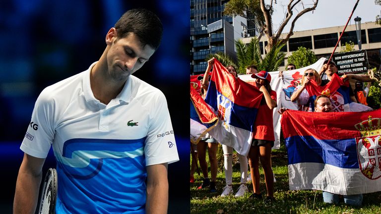 Djokovic will remain in hotel quarantine in Melbourne until Monday, after his visa cancellation appeal was adjourned; a group of Djokovic's fans gathered outside Melbourne airport
