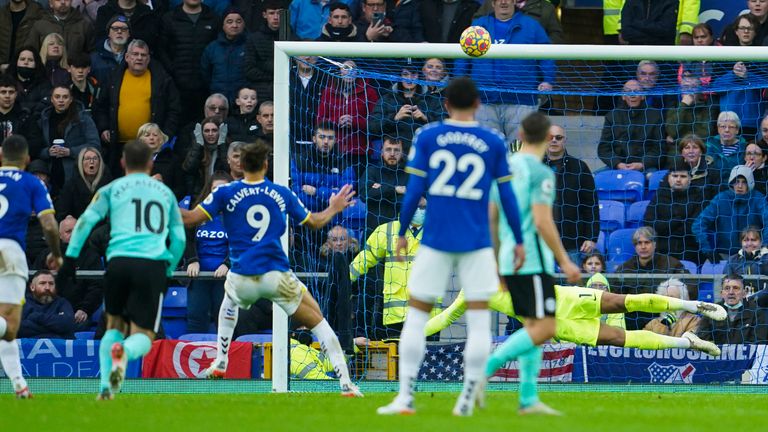 Dominic Calvert-Lewin stikes the crossbar with his penalty (AP)