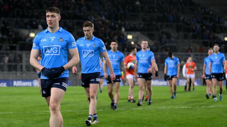 29 January 2022; John Small and his Dublin team-mates leave the pitch following defeat in the Allianz Football League Division 1 match between Dublin and Armagh at Croke Park in Dublin. Photo by Stephen McCarthy/Sportsfile