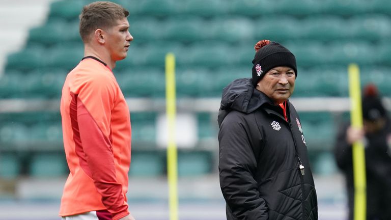 Owen Farrell (l) is still awaiting news on an ankle injury he suffered during training with Saracens