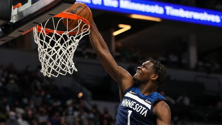 Anthony Edwards of the Minnesota Timberwolves dunk the ball against the Golden State Warriors