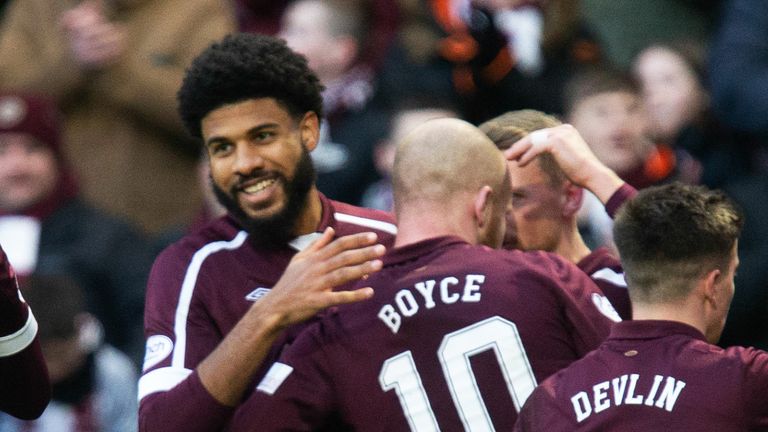 EDINBURGH, SCOTLAND - JANUARY 29: Ellis Simms celebrates after scoring to make it 2-0 during a cinch Premiership match between Hearts and Motherwell at Tynecastle Stadium, on anuary 29, 2022, in Edinburgh, Scotland. (Photo by Ewan Bootman / SNS Group)