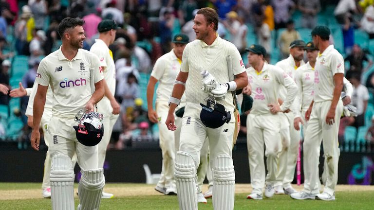 England&#39;s not out batsmen James Anderson, left, and Stuart Broad walk off at a the end of their Ashes cricket test match against Australia in Sydney, Sunday, Jan. 9, 2022. The Match ends in a draw. (AP Photo/Rick Rycroft)