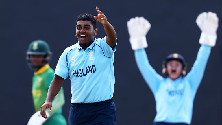 England's Rehan Ahmed celebrates a wicket at the U19 World Cup (Getty Images)