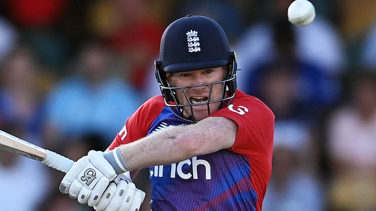Eoin Morgan in action against the West Indies (Photo by Gareth Copley/Getty Images)