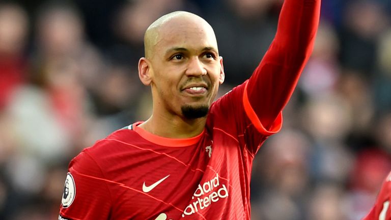 Fabinho salutes the fans after giving Liverpool the lead against Brentford