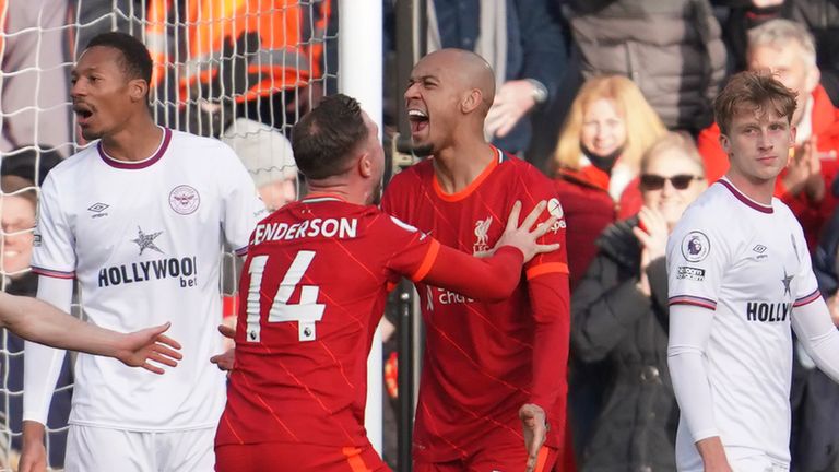 Fabinho celebrates scoring Liverpool's opener against Brentford