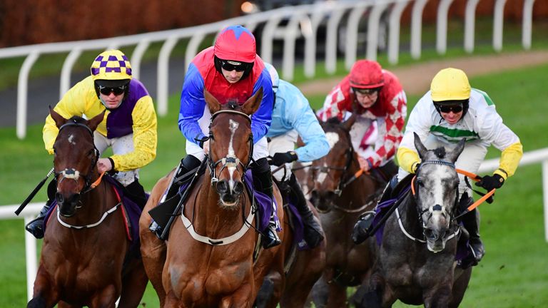 Facile Vega and Patrick Mullins (red and blue) win the Leopardstown Flat Race 