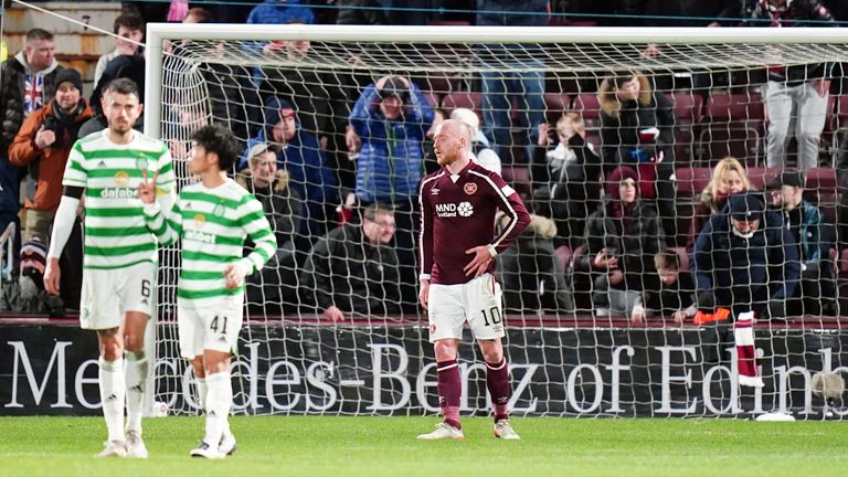 Heart of Midlothian's Liam Boyce after missing from the penalty spot during the cinch Premiership match at Tynecastle Park, Edinburgh.