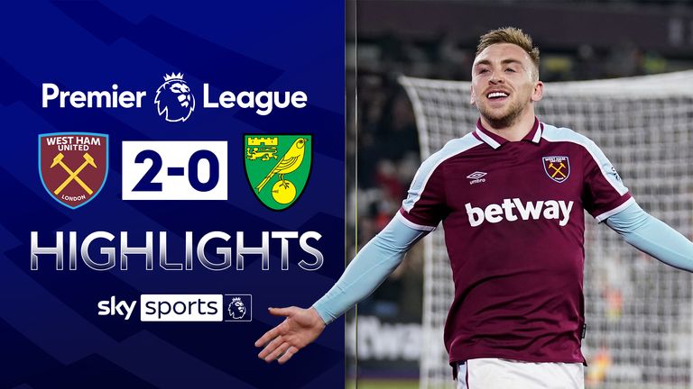 Highlights of West Ham United's 2-0 win against Norwich City in the Premier League.