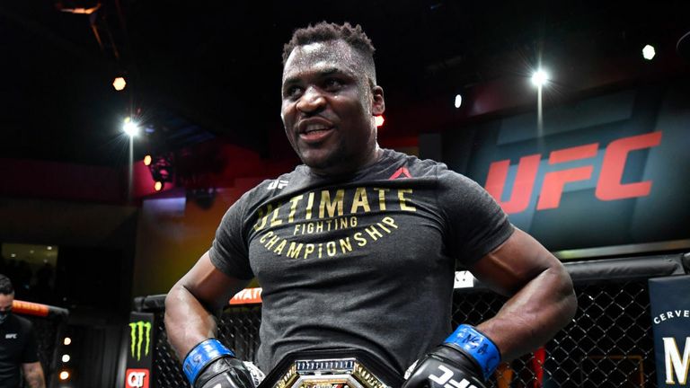  Francis Ngannou of Cameroon reacts after his victory over Stipe Miocic in their UFC heavyweight championship fight during the UFC 260 event at UFC APEX on March 27, 2021 in Las Vegas, Nevada. (Photo by Jeff Bottari/Zuffa LLC)