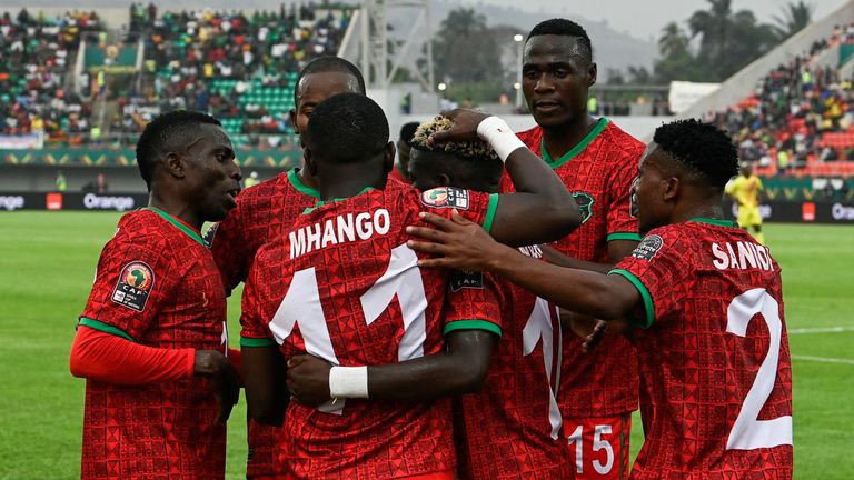 Malawi striker Frank Mhango, making his first start in the African Cup of Nations finals, netted both of his side's goals in a famous win
