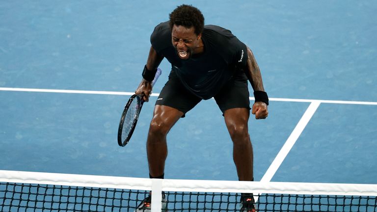 Gael Monfils celebrating his victory over Miomir Kecmanovic 