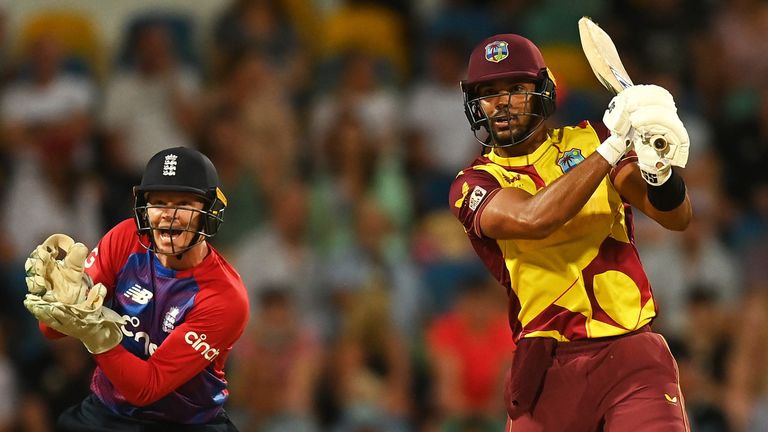 Brandon King during the T20 International between West Indies and England at Kensington Oval on January 22, 2022 in Bridgetown, Barbados. (Photo by Gareth Copley/Getty Images)