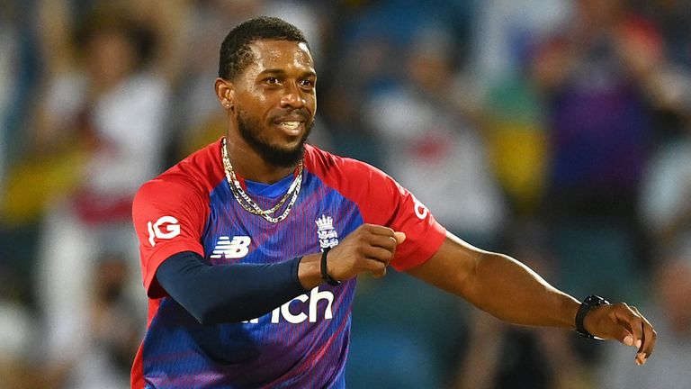 Chris Jordan during the 2nd T20 International match between West Indies and England at Kensington Oval on January 23, 2022 in Bridgetown, Barbados. (Photo by Gareth Copley/Getty Images)
