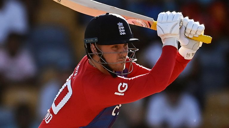 Jason Roy during the 2nd T20 International match between West Indies and England at Kensington Oval on January 23, 2022 in Bridgetown, Barbados. (Photo by Gareth Copley/Getty Images)