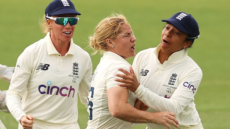 Katherine Brunt struck twice early in Australia's second innings before the rain arrived