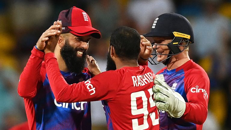 Moeen Ali, Adil Rashid and Sam Billings during the 4th T20 International match between West Indies and England at Kensington Oval on January 29, 2022 in Bridgetown, Barbados. (Photo by Gareth Copley/Getty Images)