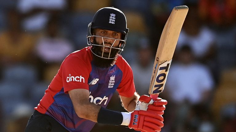 Moeen Ali during the 2nd T20 International match between West Indies and England at Kensington Oval on January 23, 2022 in Bridgetown, Barbados. (Photo by Gareth Copley/Getty Images)